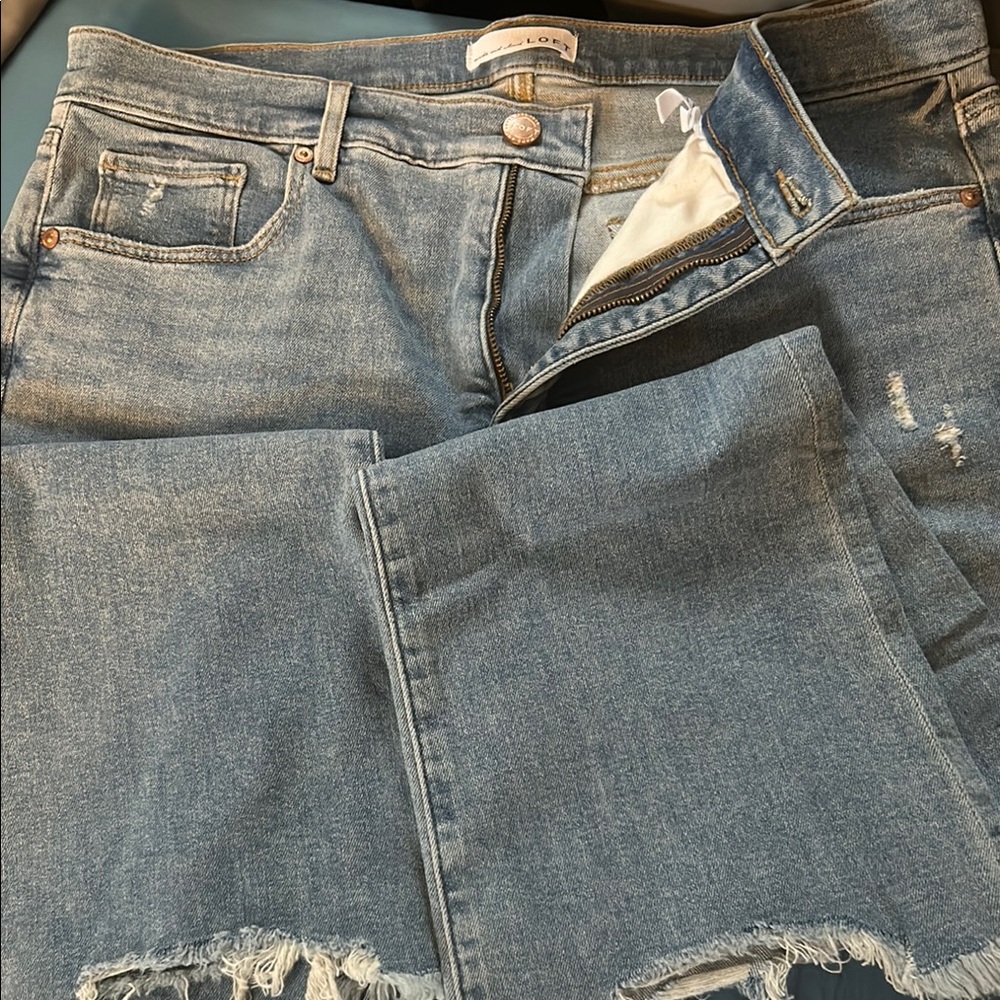 LOFT Distressed High Waisted Flare Crop Blue Jeans